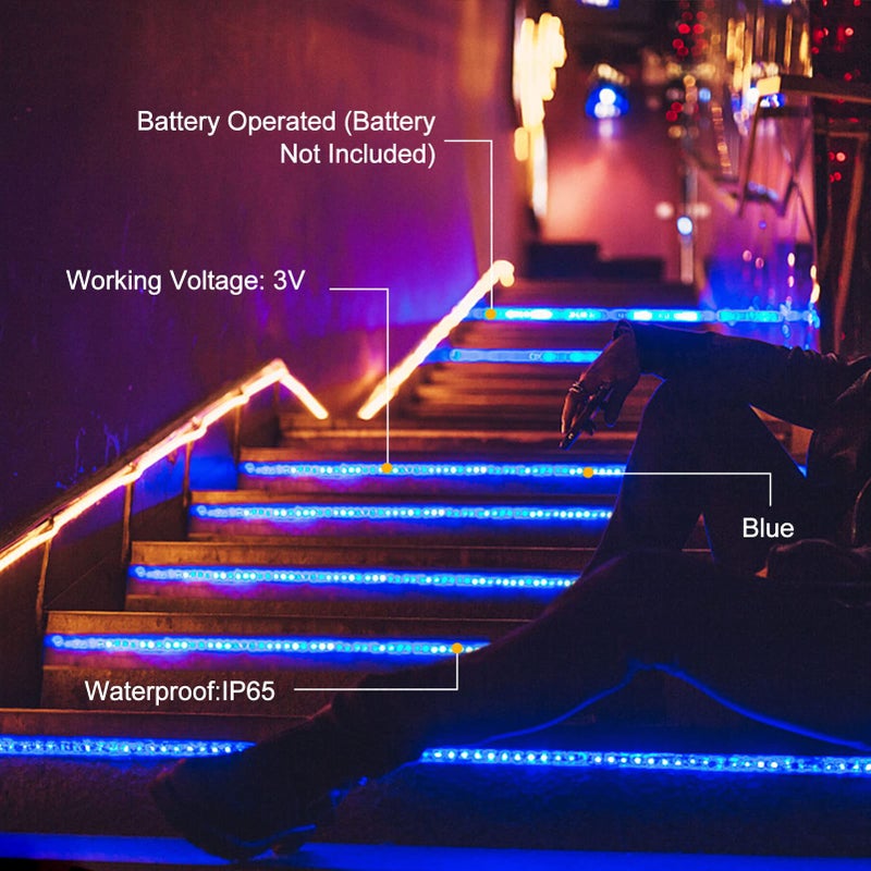 echosari Blue Led Strip Lights Waterproof Battery Operated with Remote, 8 Modes, Dimmable, Timer, Self-Adhesive, Cuttable, 3M 90Led Battery Strip Led Light for Indoor Outdoor Decor - Image 3